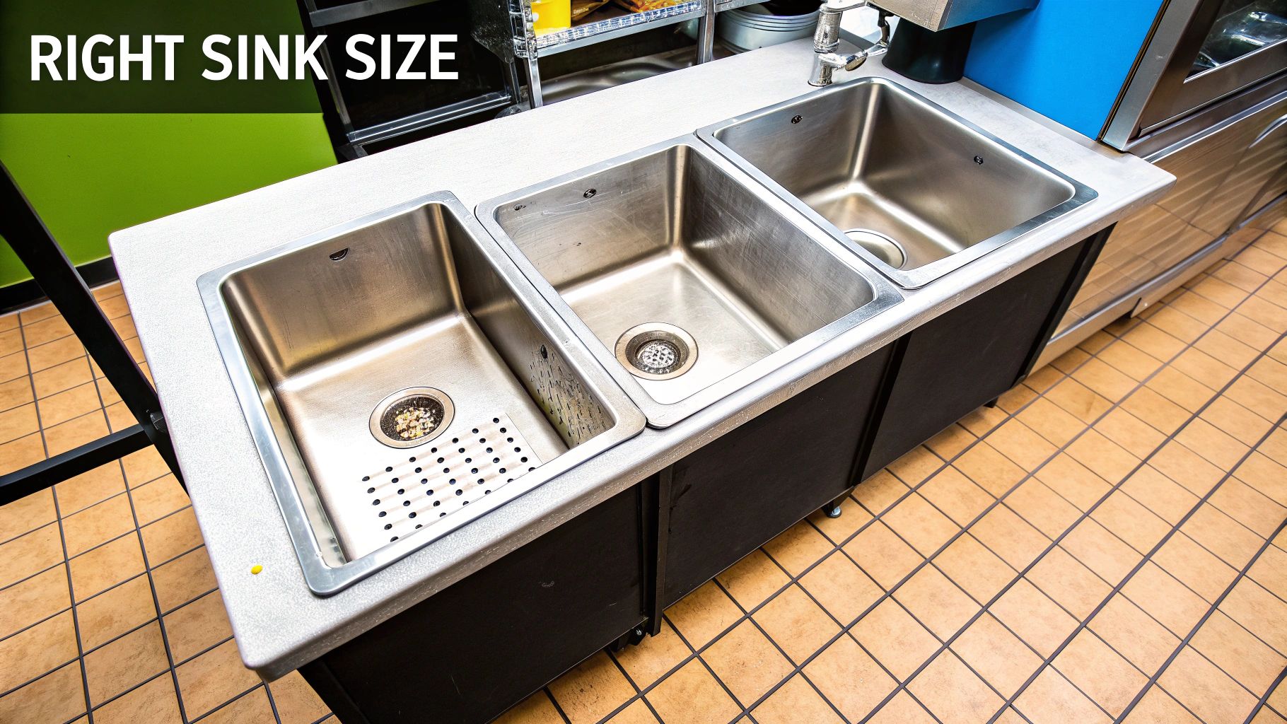 Three stainless steel commercial sinks on a gray countertop with a tiled floor in a food service area.