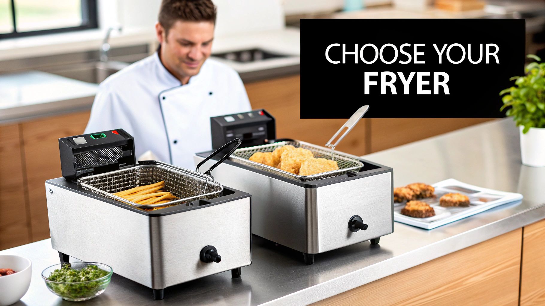 A chef in a white uniform stands behind two commercial deep fryers with fries and nuggets.
