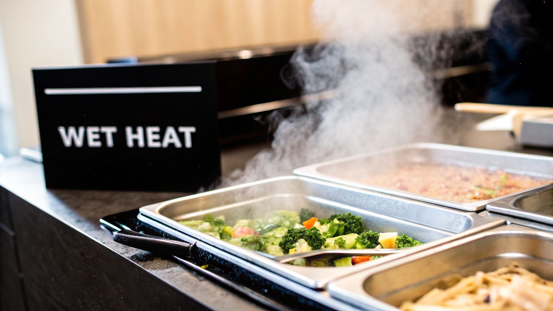 A commercial steam table displaying various hot dishes, including fresh vegetables and pasta, emitting steam.