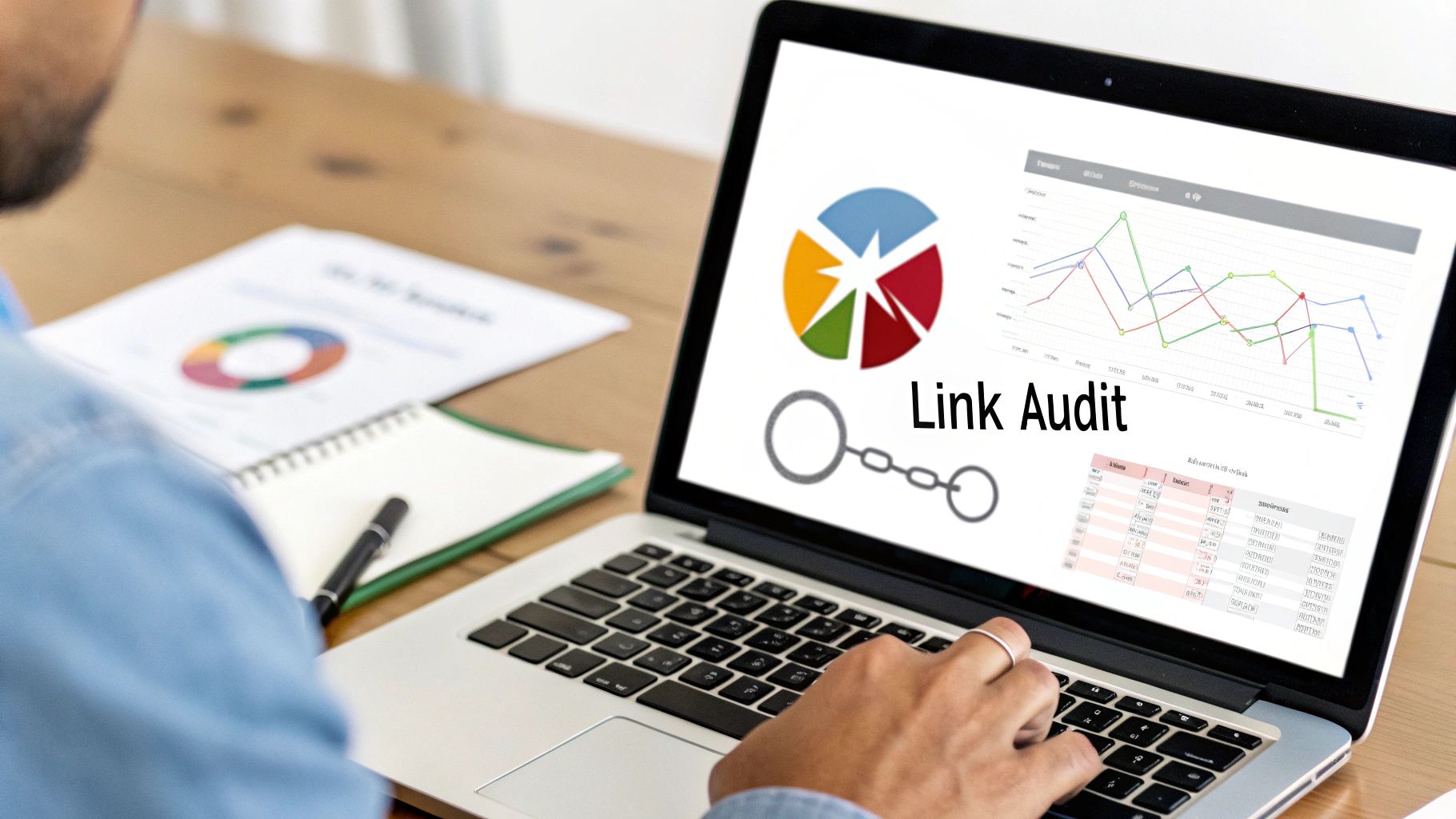 A person works on a laptop displaying a link audit report with graphs and data for SEO analysis.
