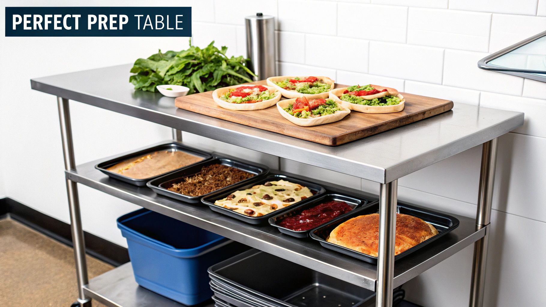A stainless steel prep table with two shelves, holding various food ingredients and prepared dishes.