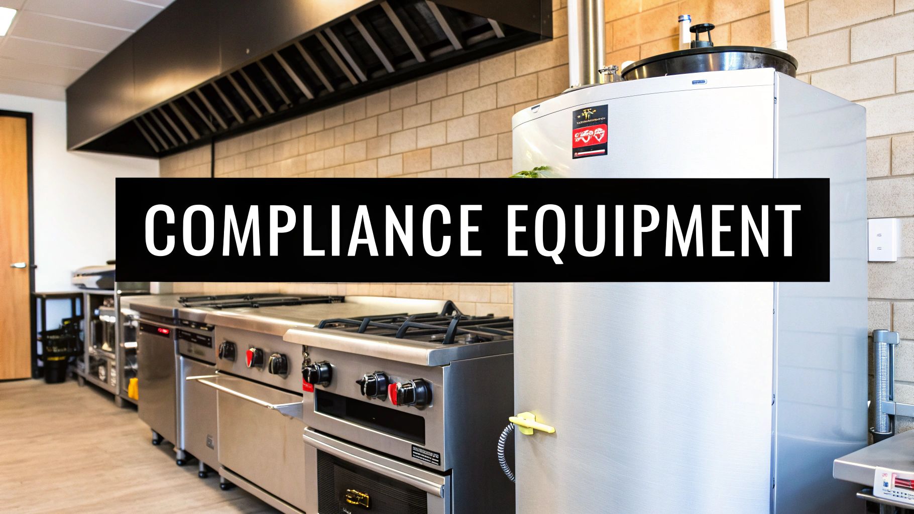 Commercial kitchen featuring stainless steel equipment, including ranges and a water heater, with 'COMPLIANCE EQUIPMENT' text overlay.