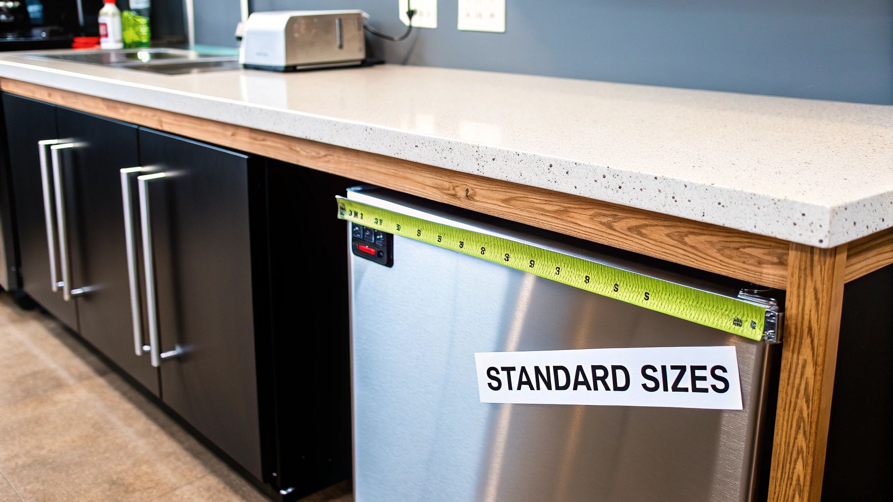 Close-up of a kitchen under-counter appliance with a measuring tape and 'STANDARD SIZES' label.