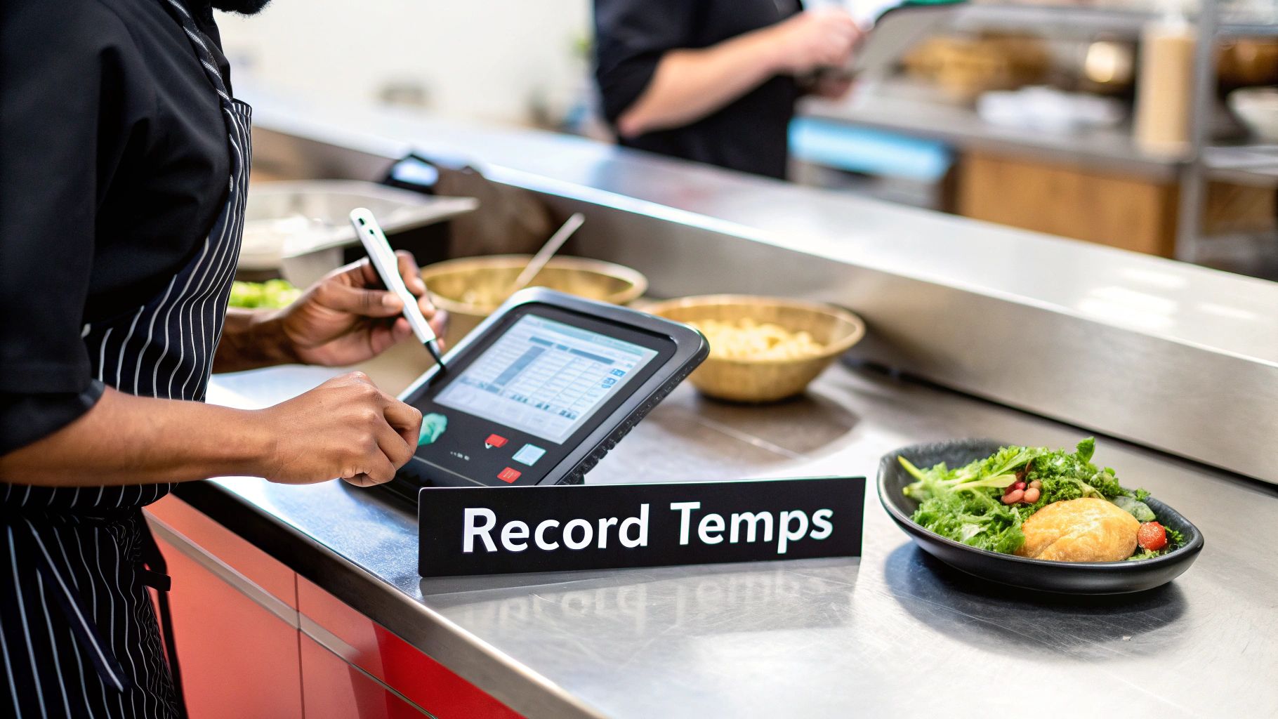 A chef using a digital probe thermometer to check the temperature of an ingredient in a stainless steel container.