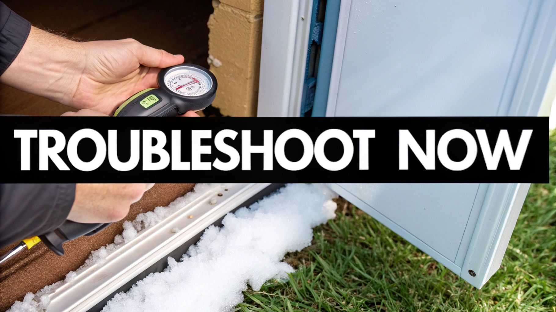 Hands troubleshoot a cooler door, checking for temperature issues with a gauge and inspecting foam insulation.