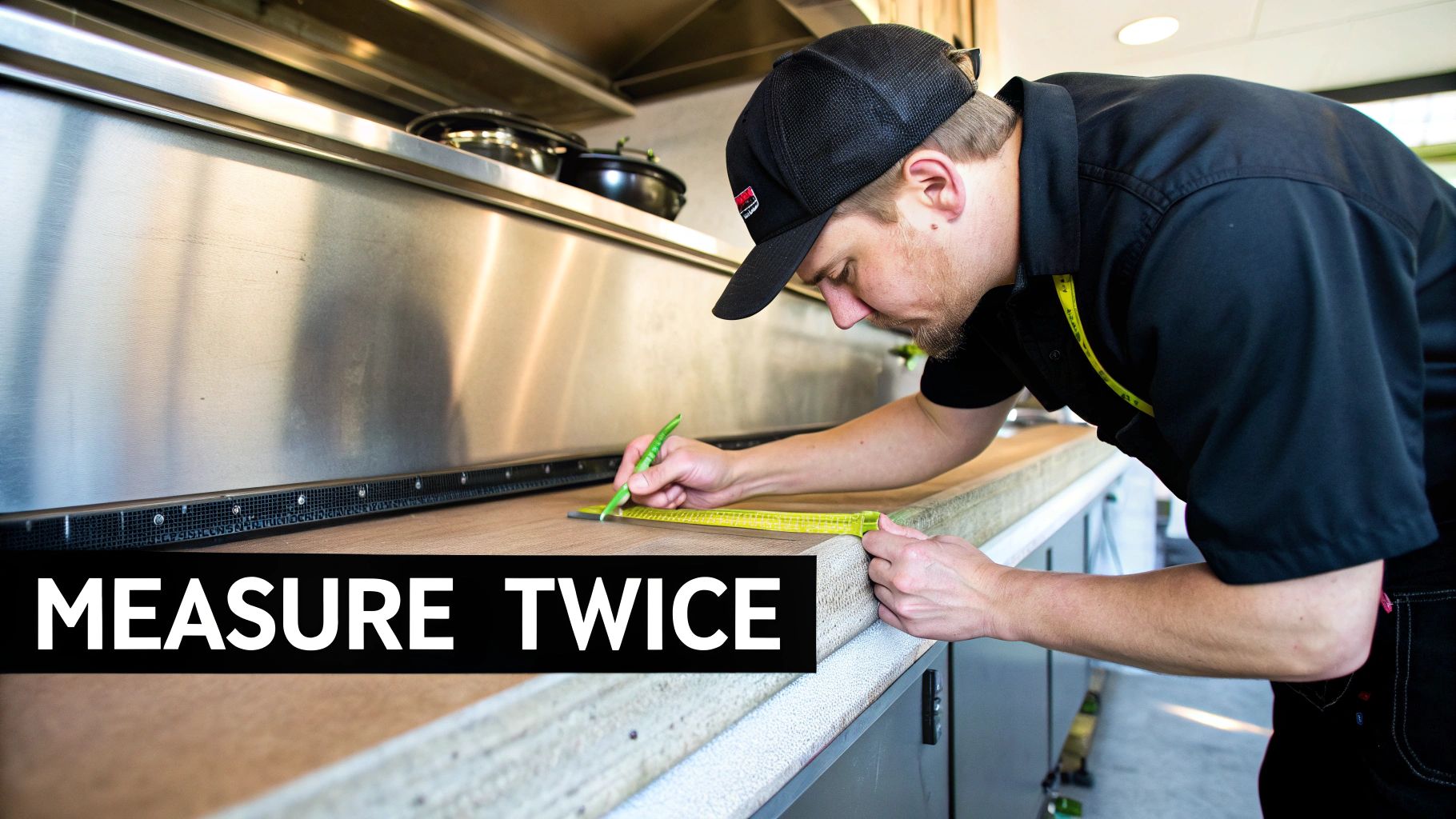 A man carefully measures a wooden countertop with a ruler and green pen in a professional setting.