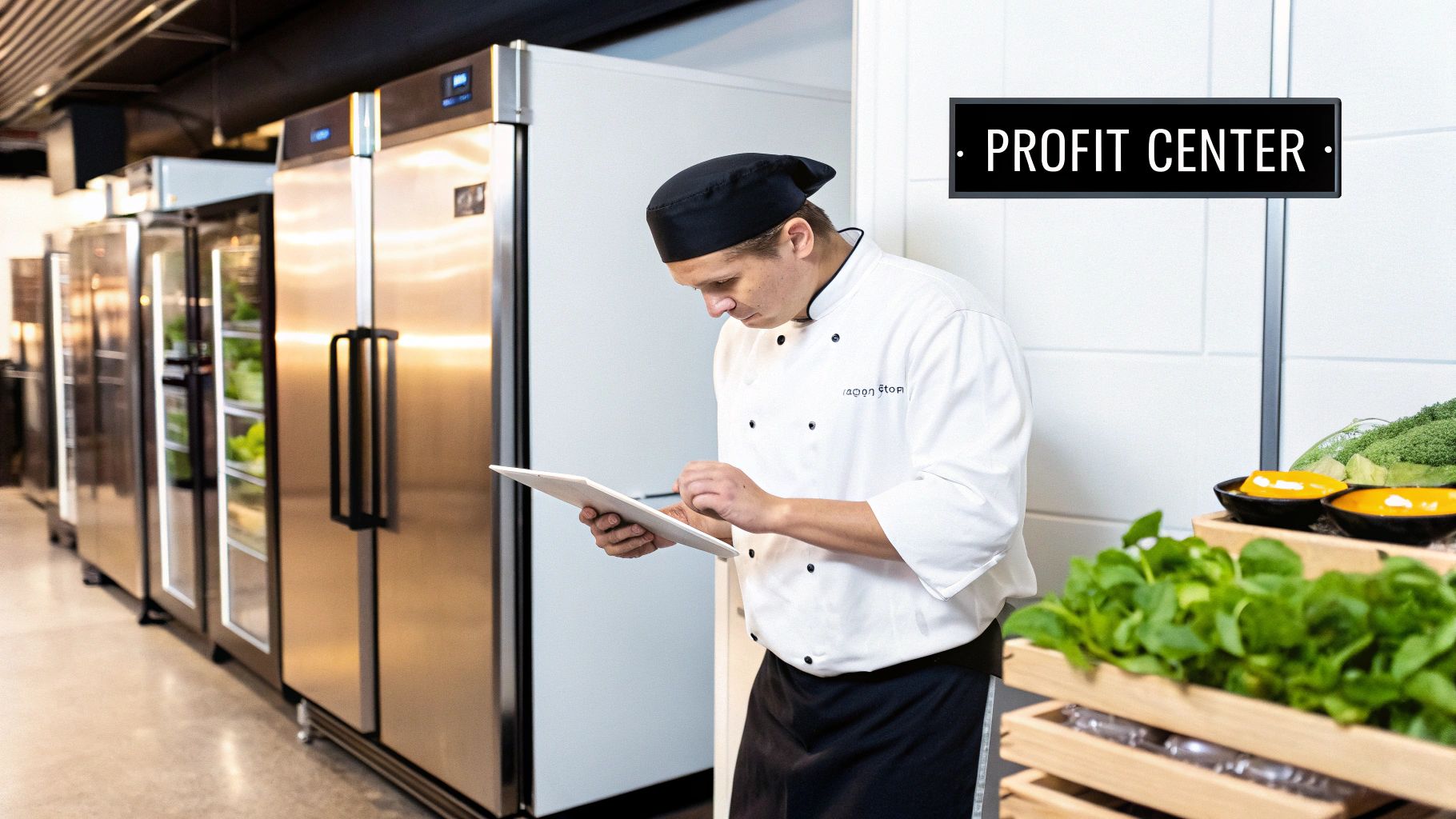A chef uses a tablet in a modern kitchen with energy-efficient commercial refrigerators.