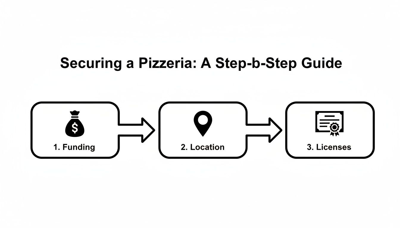 A visual guide outlining steps to secure a pizzeria: funding, location, and licenses.