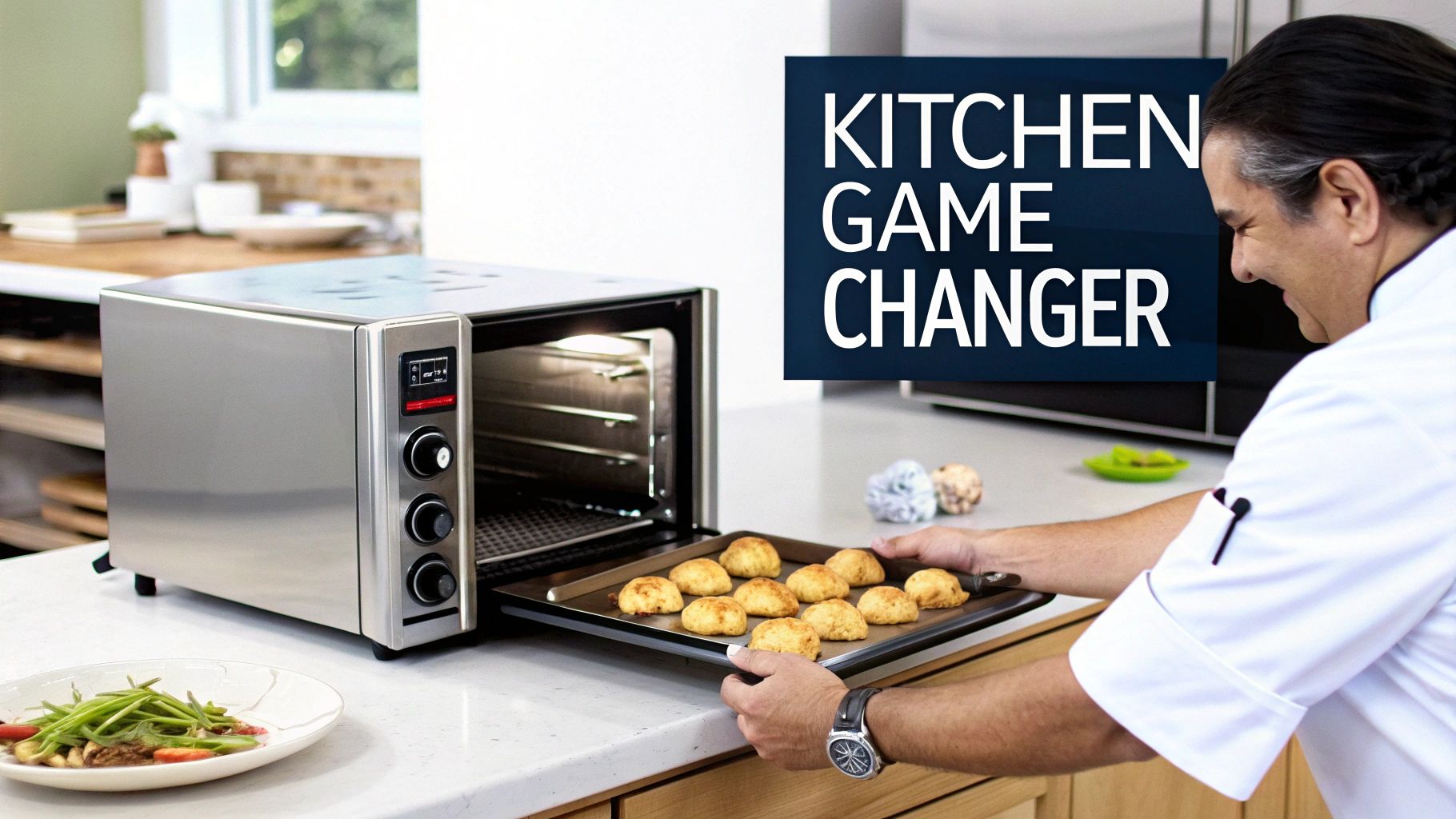 A smiling chef in a white uniform places a tray of cookies into a silver countertop convection oven.