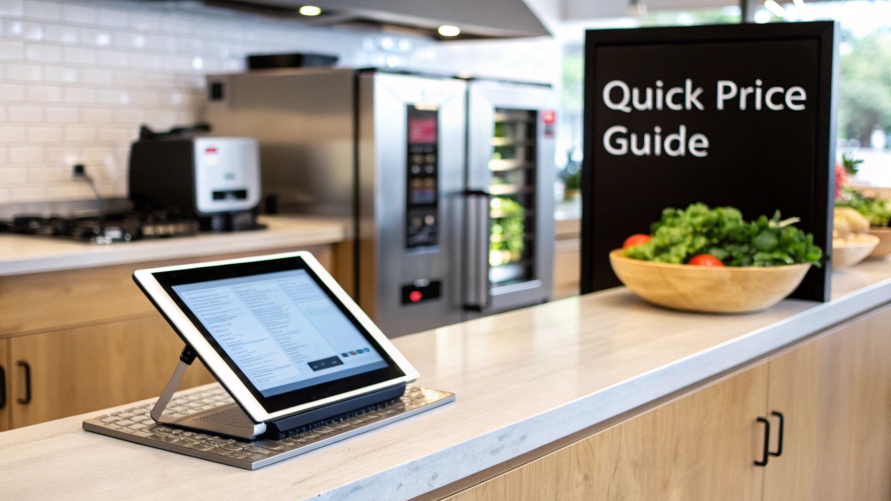 A modern kitchen or commercial counter with a tablet, price guide, fresh salad, and commercial ovens.