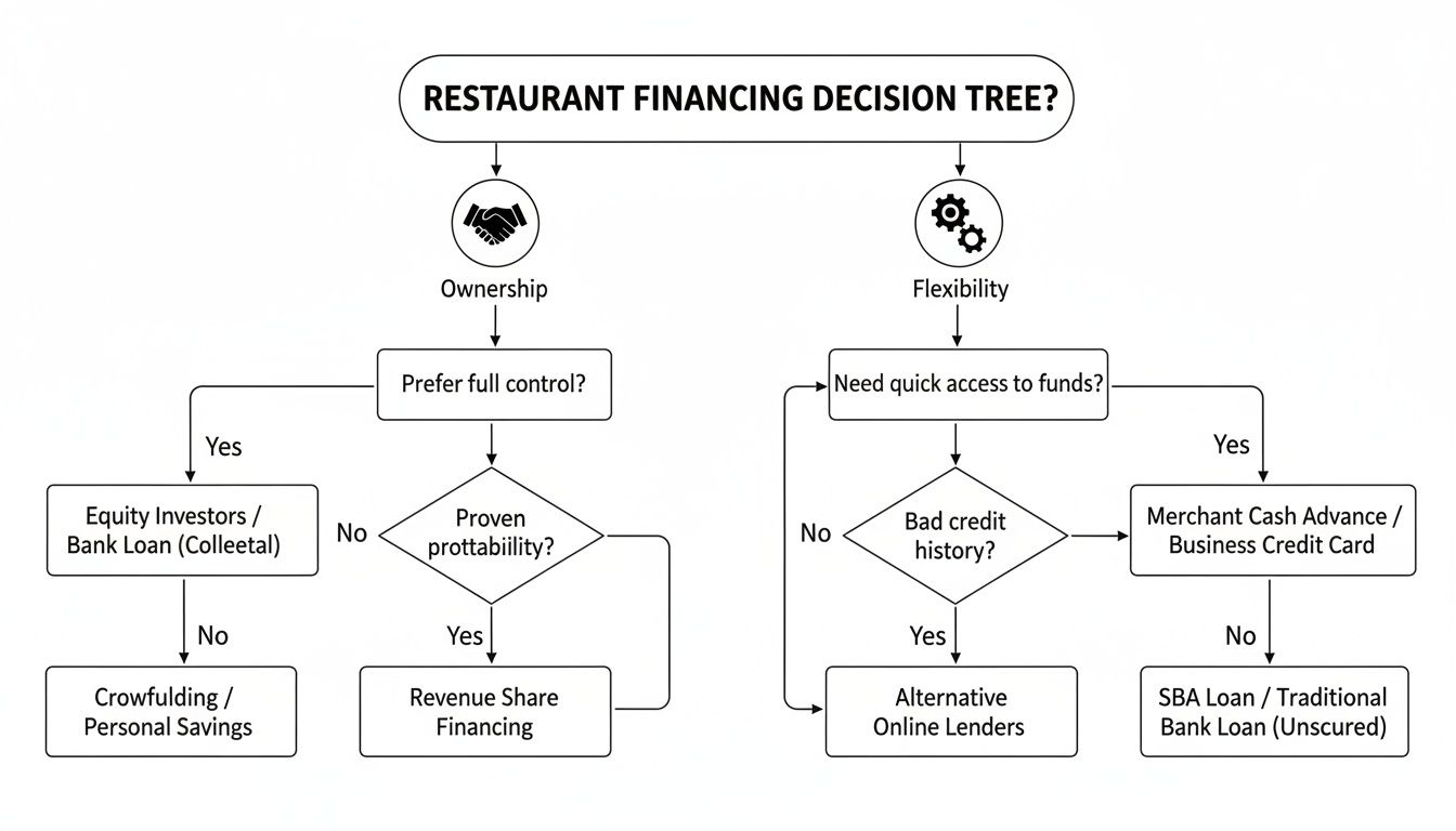 A restaurant financing decision tree flowchart guides funding choices based on ownership control and flexibility needs.