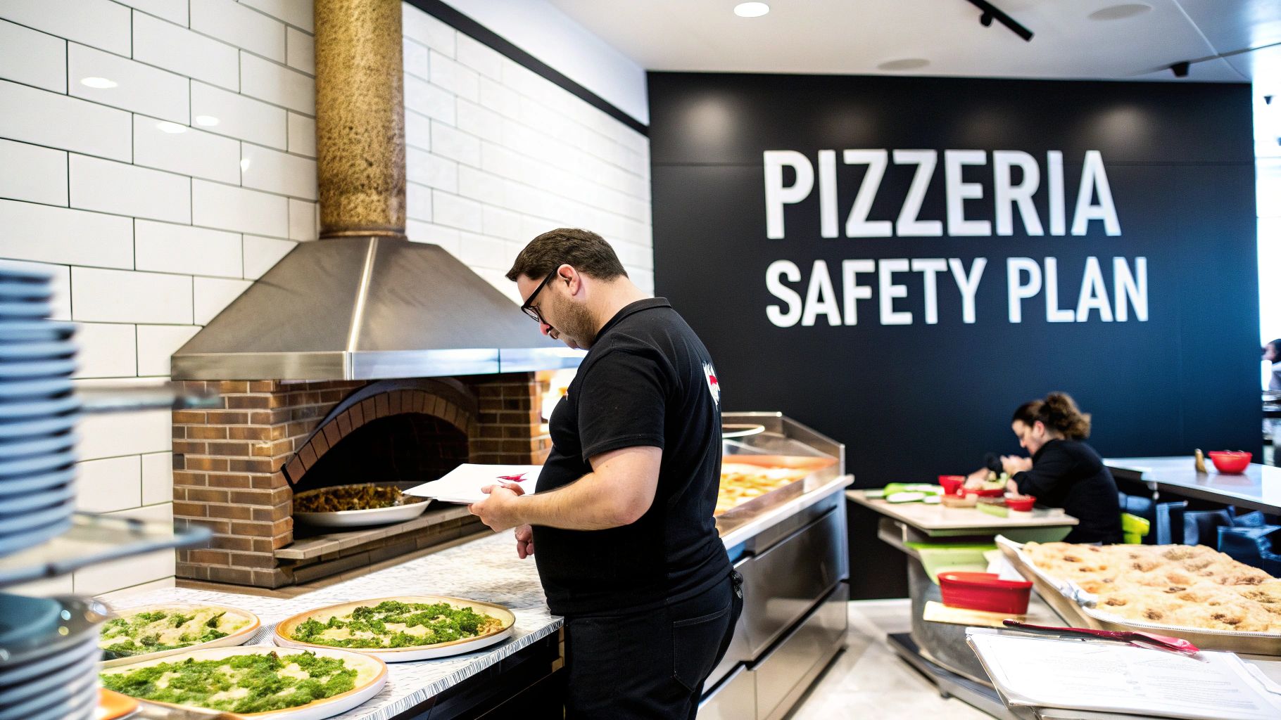 Pizza chef preparing food at brick oven in professional commercial pizzeria kitchen