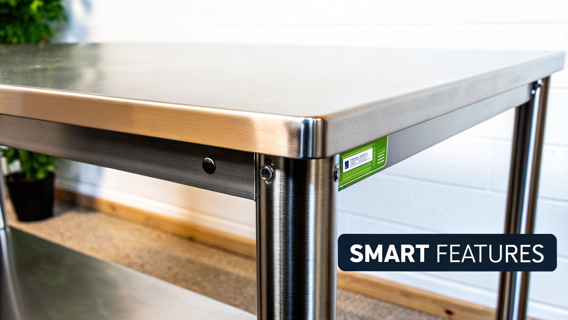 A person inspecting the edge of a stainless steel work table