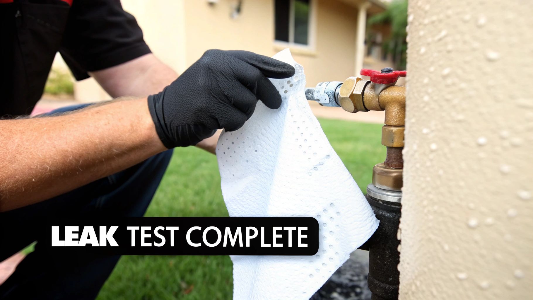 A person in black gloves checking a brass water valve for leaks with a paper towel.