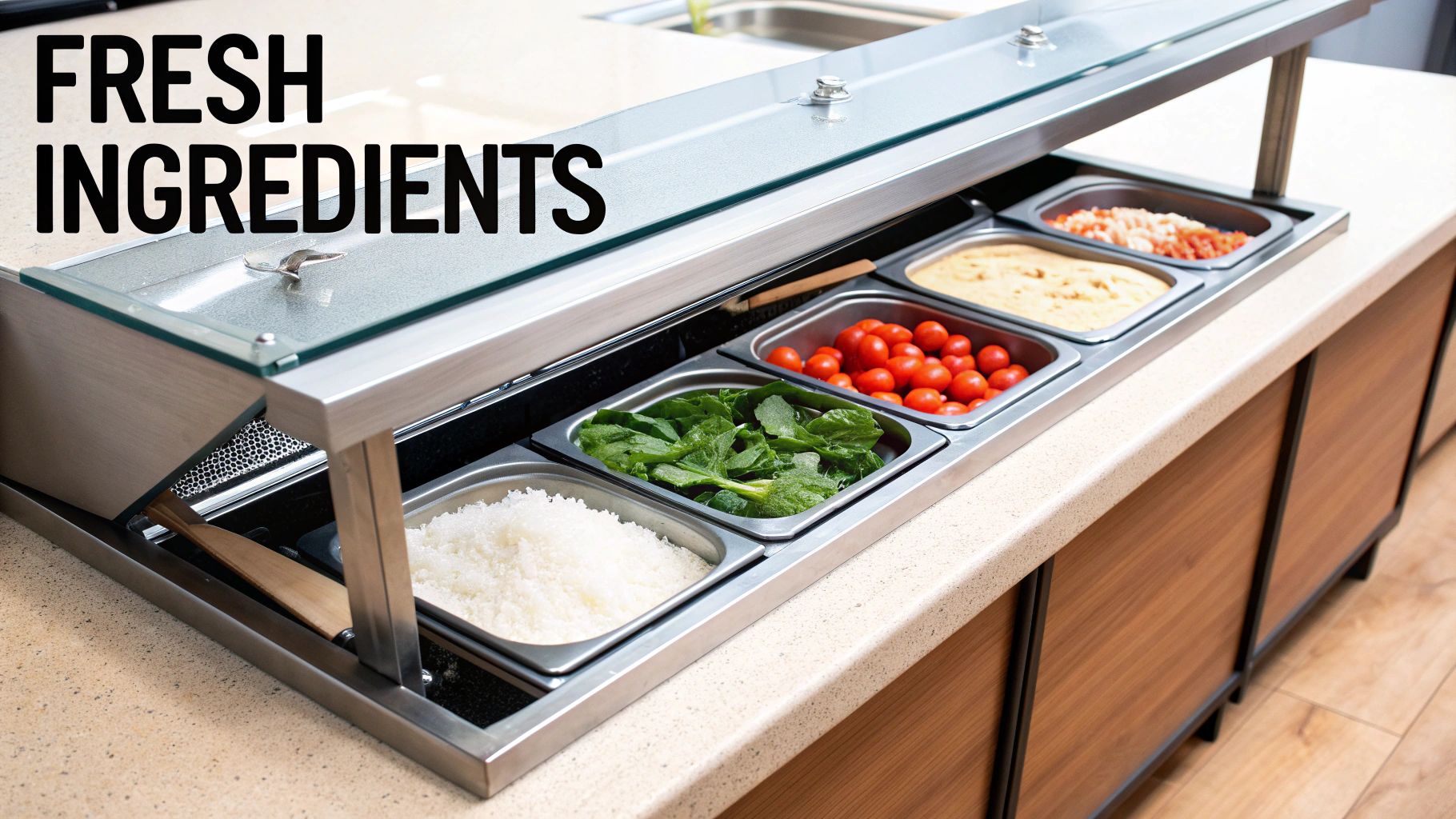 A chef preparing pizza ingredients on a stainless steel pizza prep table