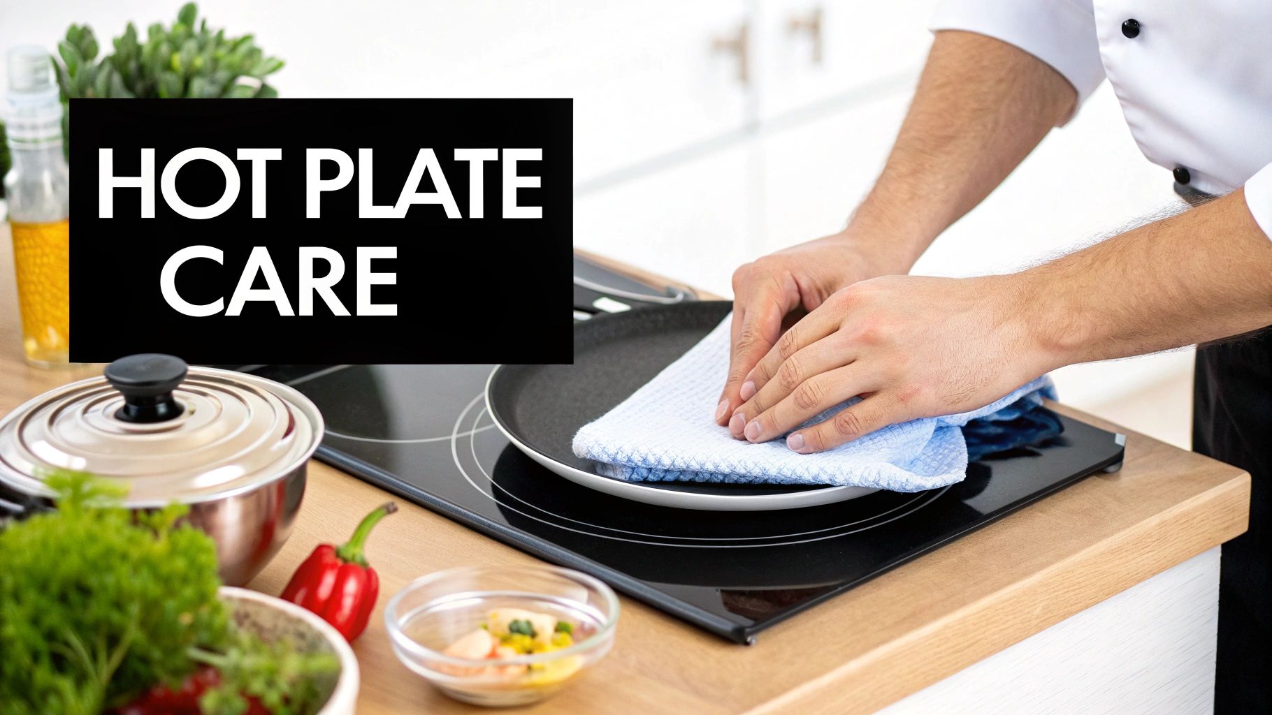 Person cleaning hot plate surface with blue cloth demonstrating proper maintenance and care