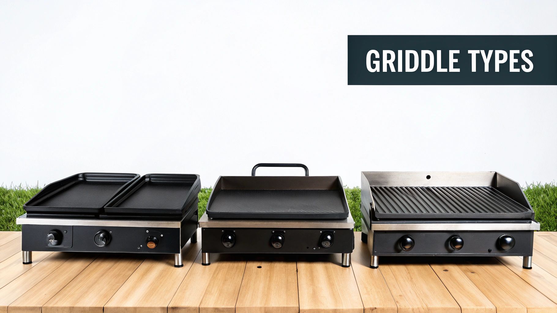 A close-up shot of various foods cooking on a commercial griddle surface