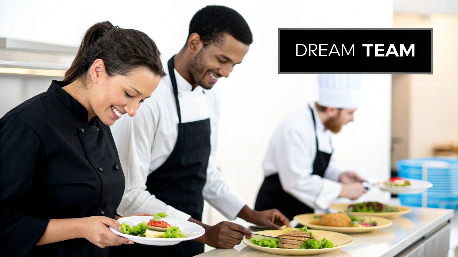 A diverse team of smiling chefs plating food in a professional kitchen, with a 'DREAM TEAM' sign.