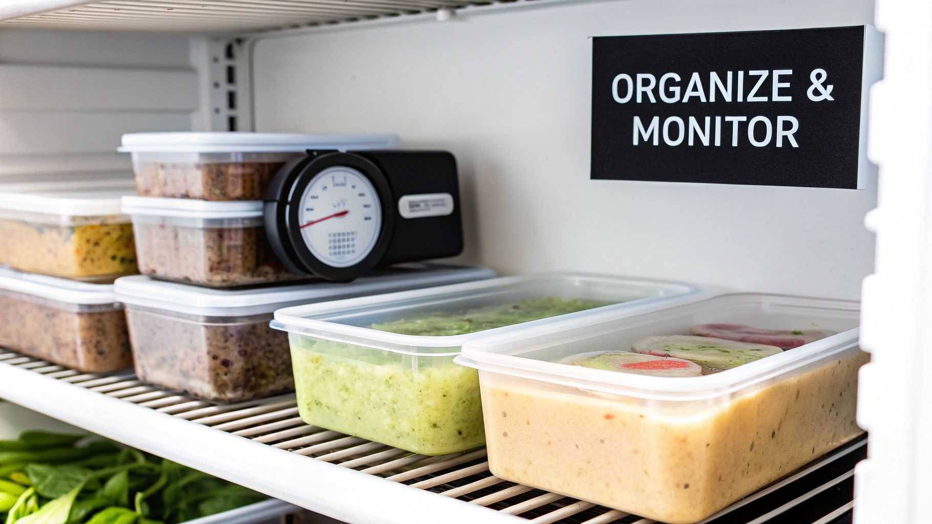 A well-organized freezer shelf with multiple food containers, a thermometer, and a sign reading 'ORGANIZE & MONITOR'.