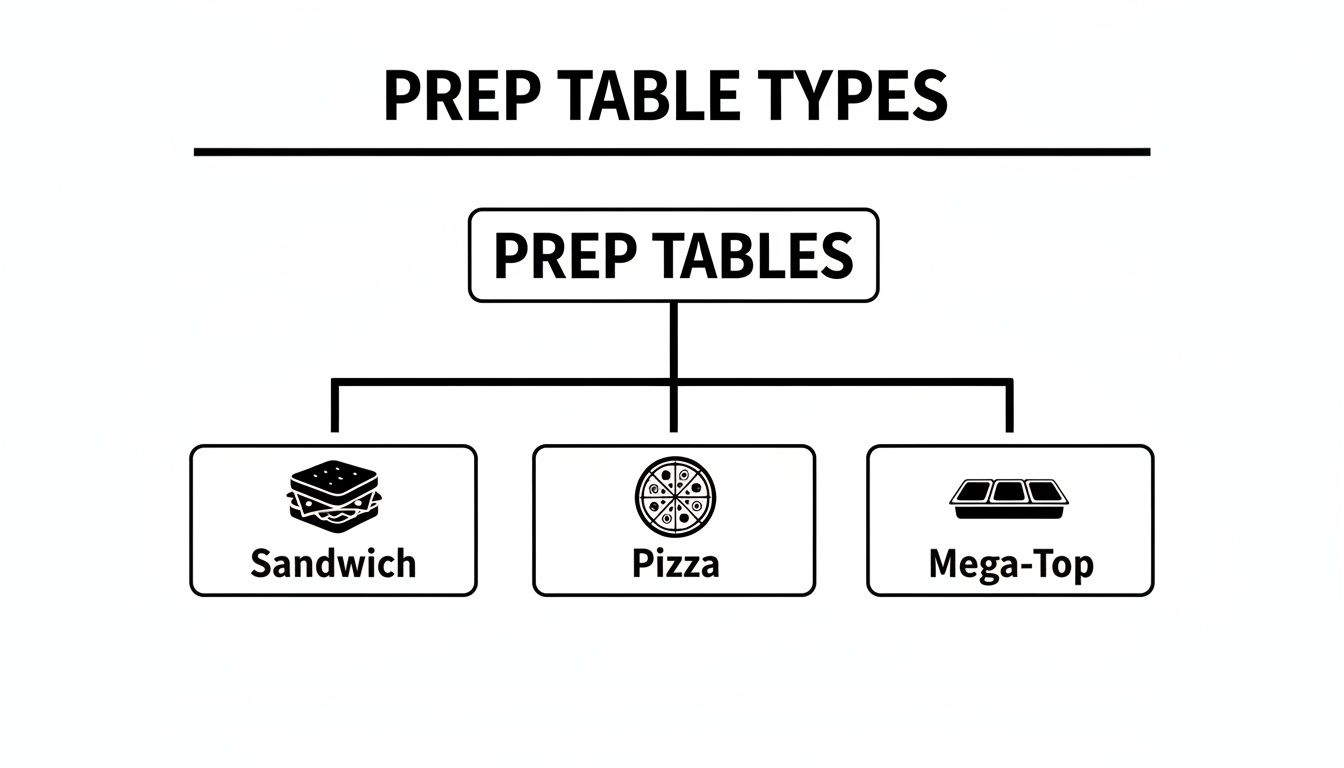A diagram illustrating prep table types, including Sandwich, Pizza, and Mega-Top options.