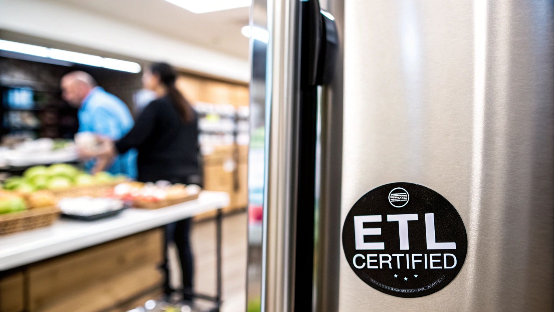A black ETL CERTIFIED sticker on a stainless steel surface, with a blurred store and shoppers in the background.