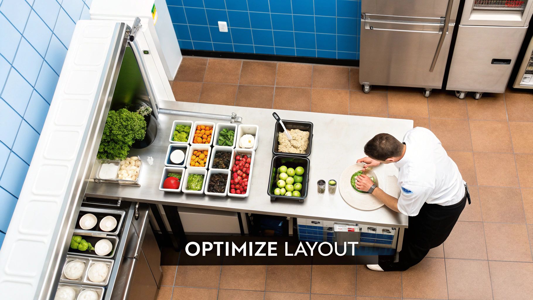A top-down view of a chef preparing food in a commercial kitchen with various fresh ingredients on a counter.