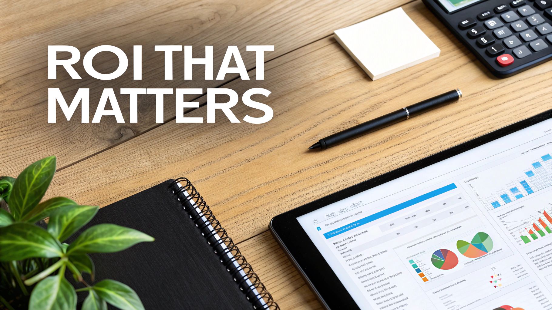 Overhead shot of a desk with a tablet displaying ROI data, notebook, pen, and calculator, featuring text 'ROI THAT MATTERS'.