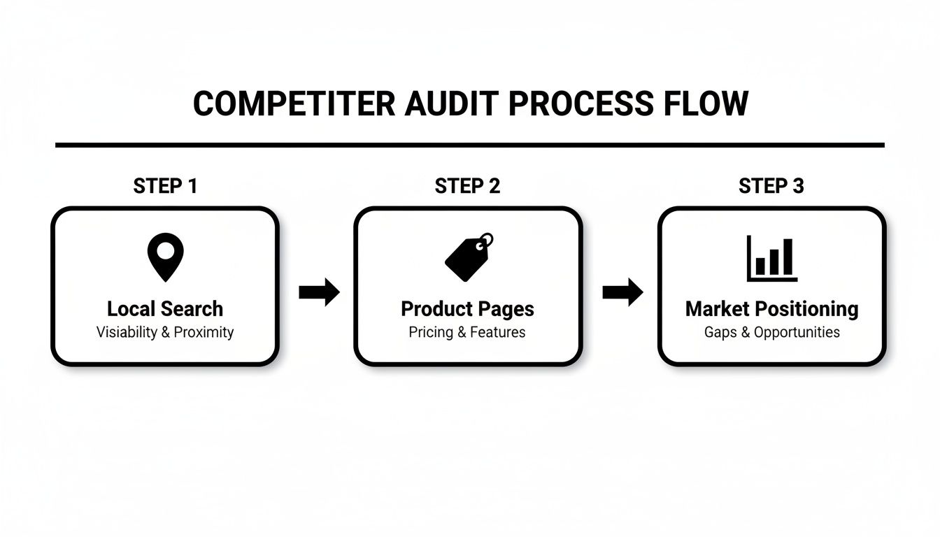 A competitor audit process flow diagram showing three steps: local search, product pages, and market positioning.
