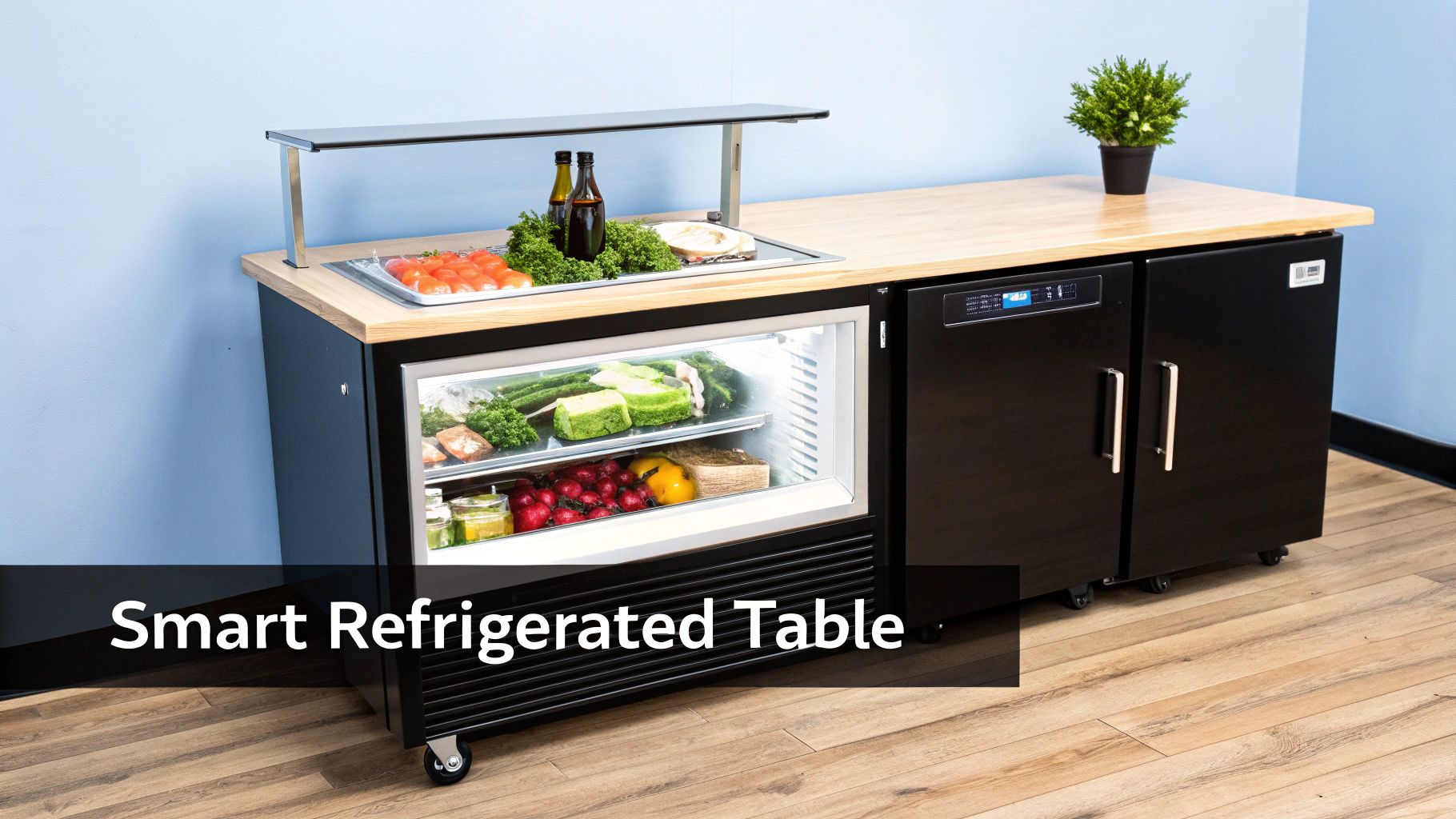 A refrigerated restaurant preparation table with open compartments showing various fresh ingredients.