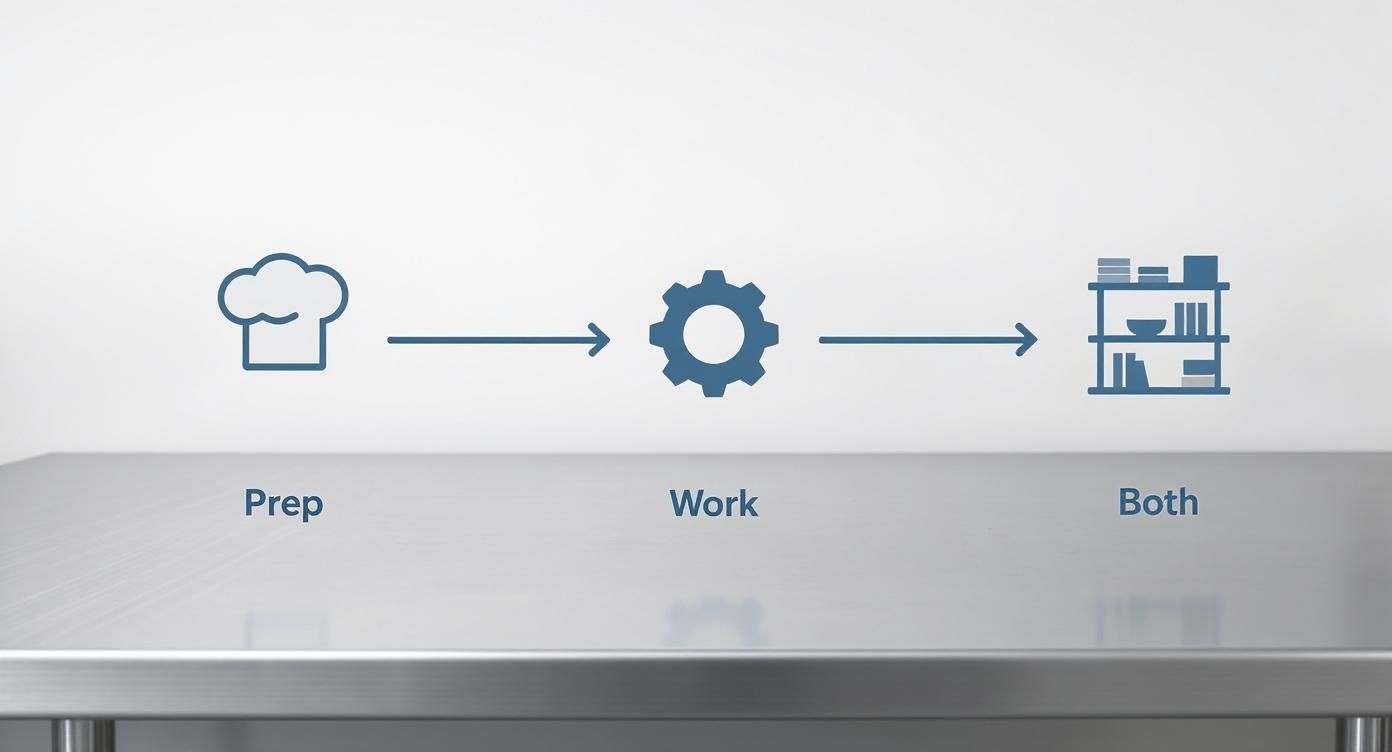 Workflow diagram showing three stages: prep with chef hat, work with gear, both with shelving unit