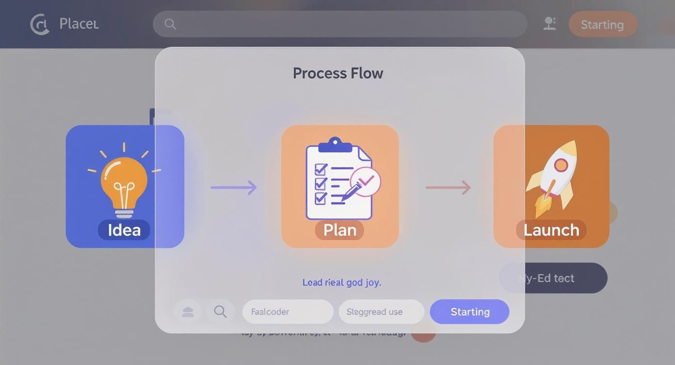 A user interface showing a three-step process flow: Idea, Plan, and Launch, with respective icons.