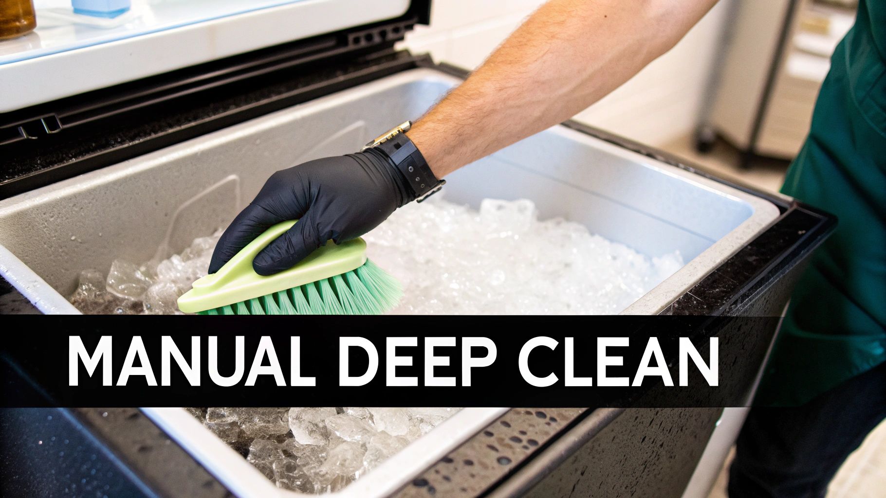 A person in black gloves manually cleans an ice machine full of ice with a green brush.