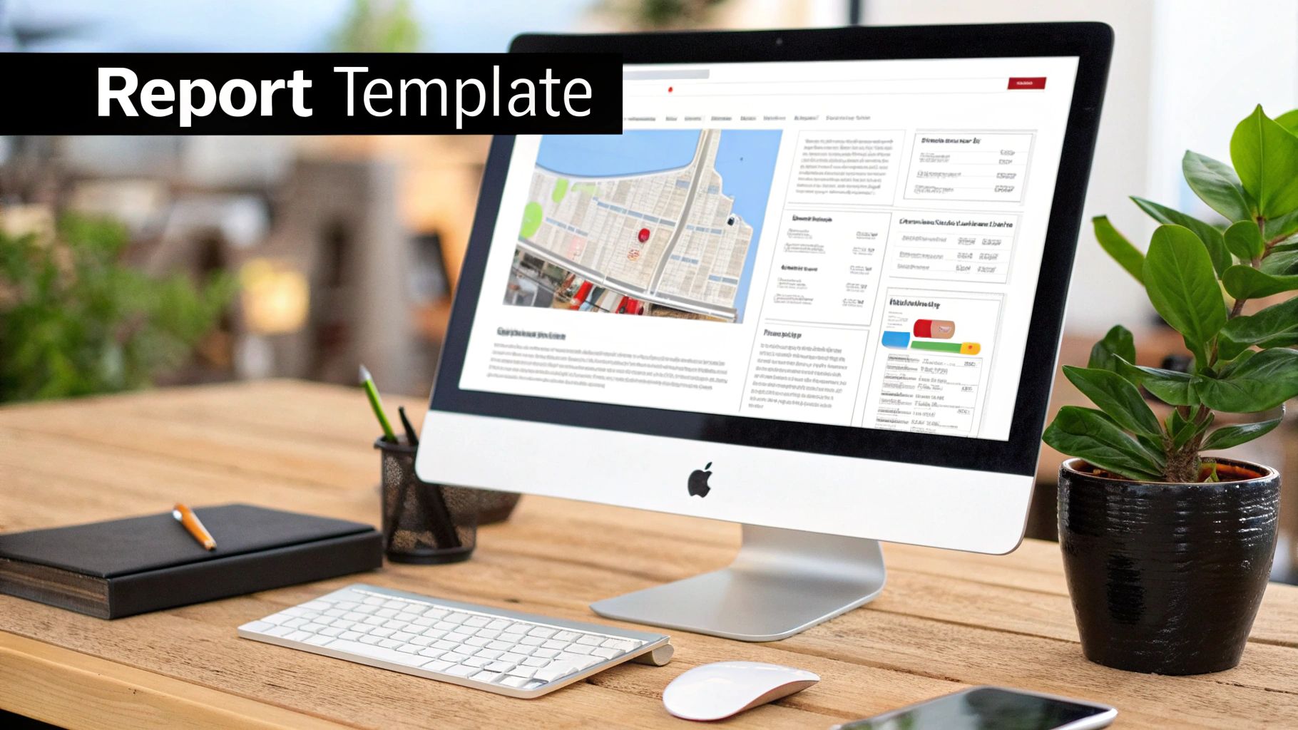 An Apple iMac displaying a detailed report template on a wooden desk with a keyboard, mouse, notebook, and plant.