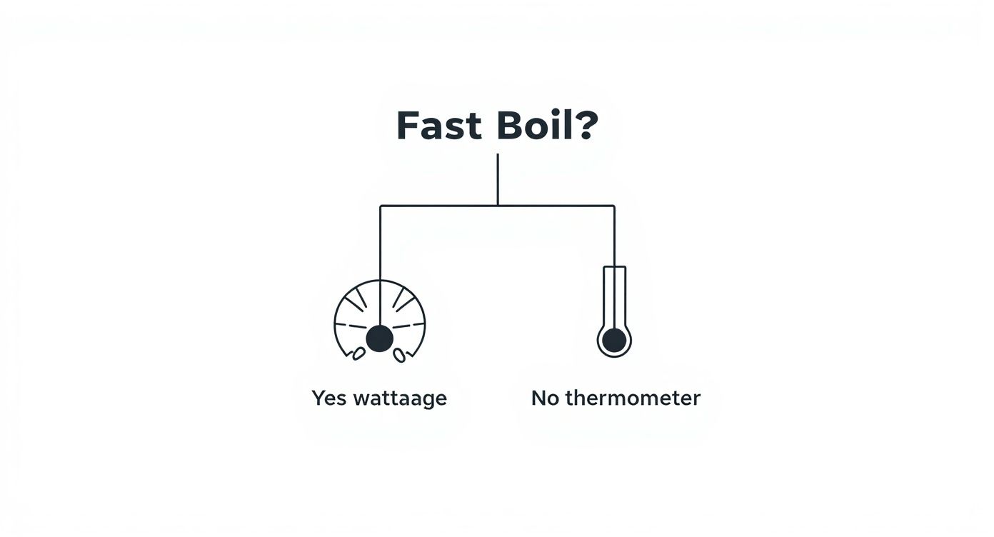 Diagram showing wattage dial and thermometer options for fast boiling water on hot plates