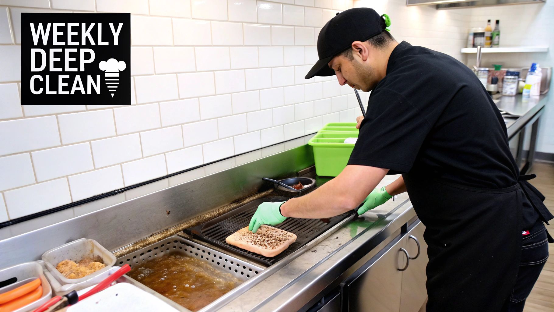 A cook in a commercial kitchen grills food on a griddle while wearing gloves.