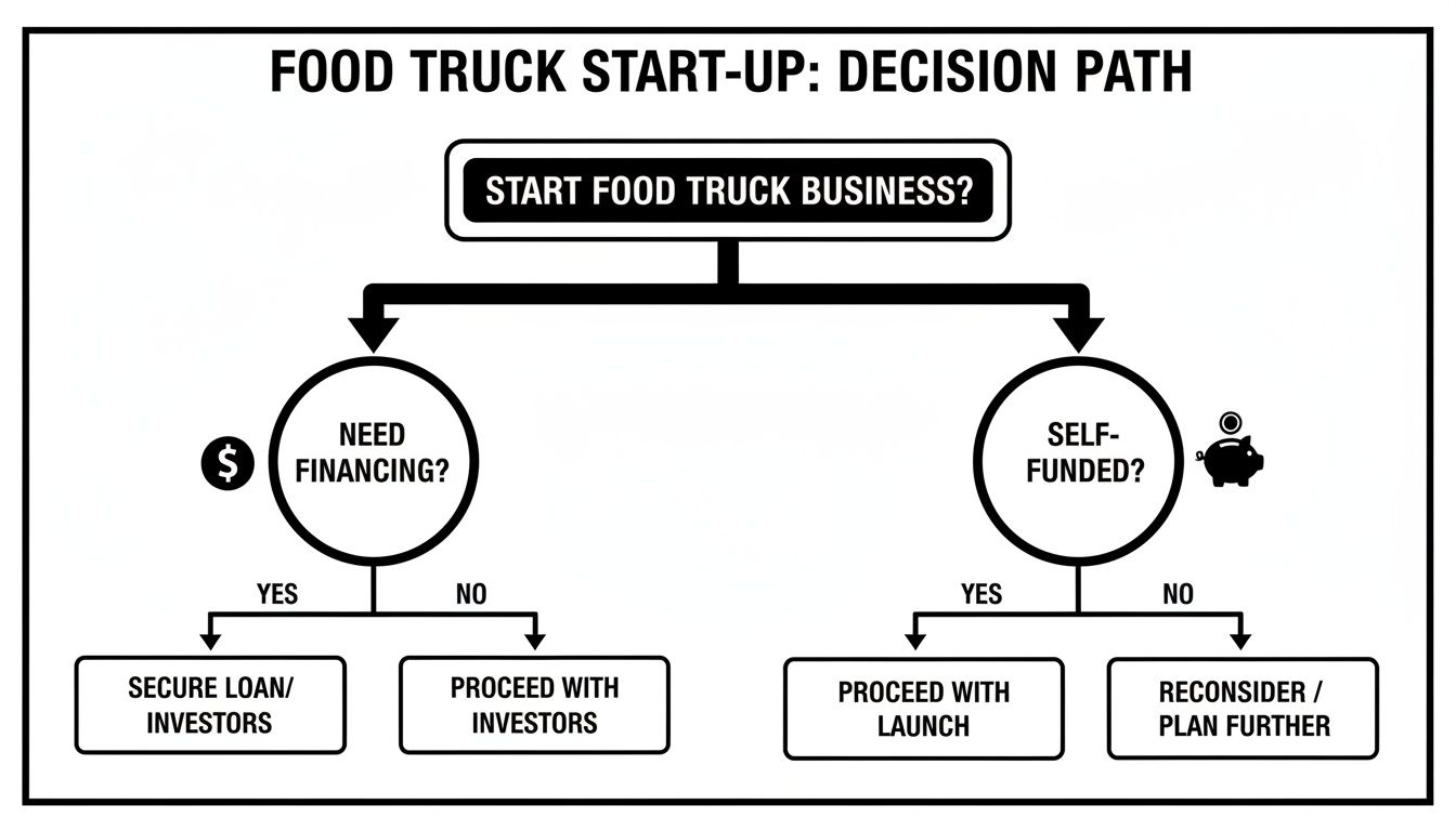 Flowchart outlining decisions for starting a food truck business, including financing and funding options.