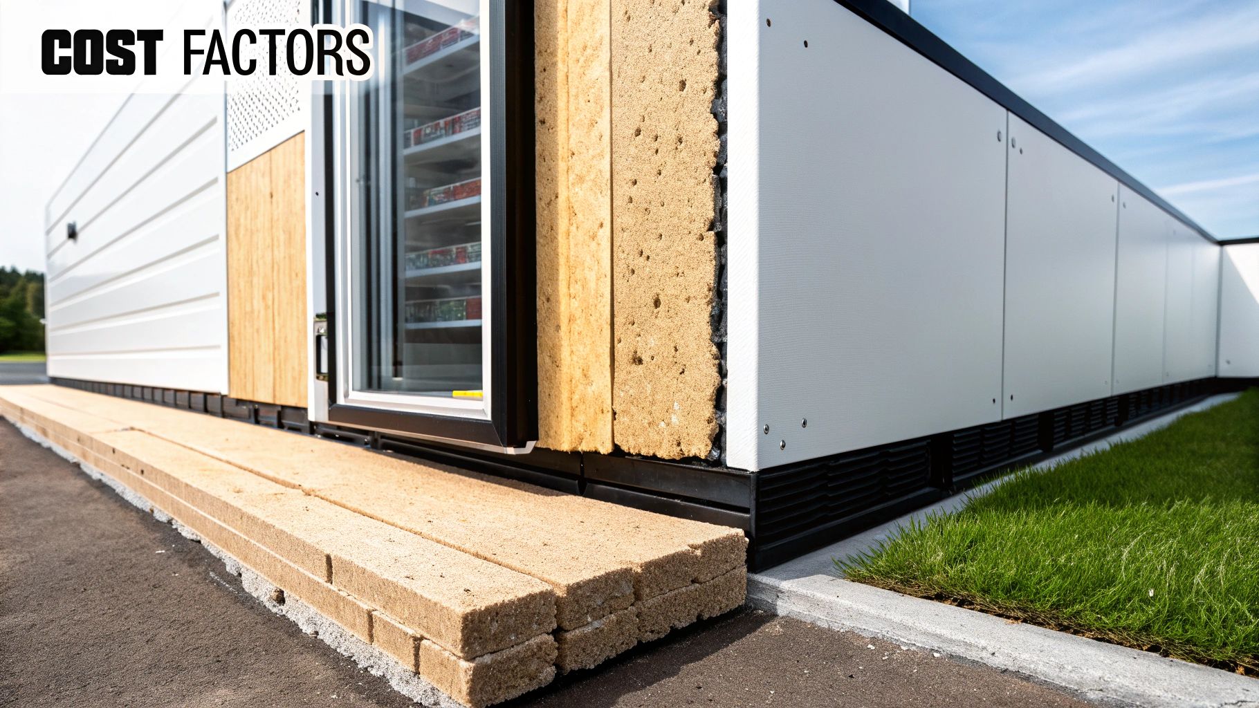 Close-up of a walk-in cooler's exposed insulation, white panels, and glass door, highlighting construction cost factors.