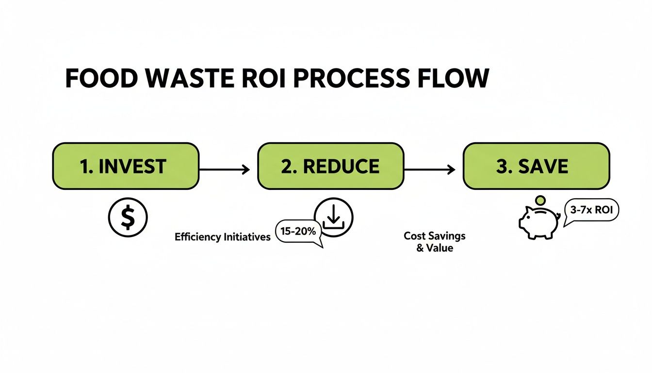 Process flow diagram illustrating the food waste ROI, showing invest, reduce 15-20%, and save 3-7x ROI.