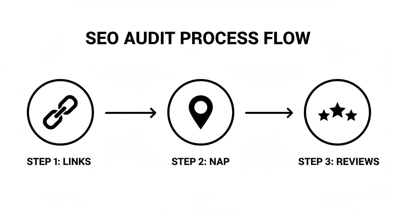A diagram outlining the SEO audit process flow, featuring three steps: links, NAP, and reviews.