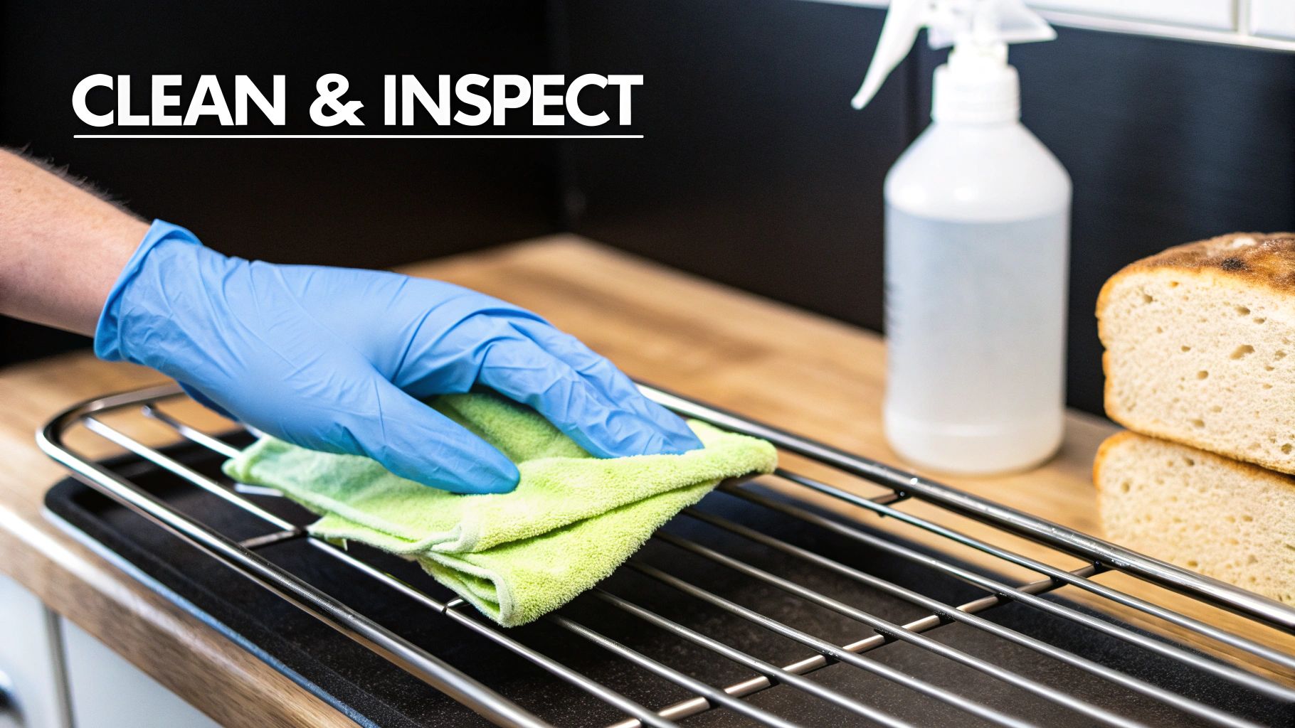 Person wearing blue gloves cleaning oven rack with green microfiber cloth and spray bottle