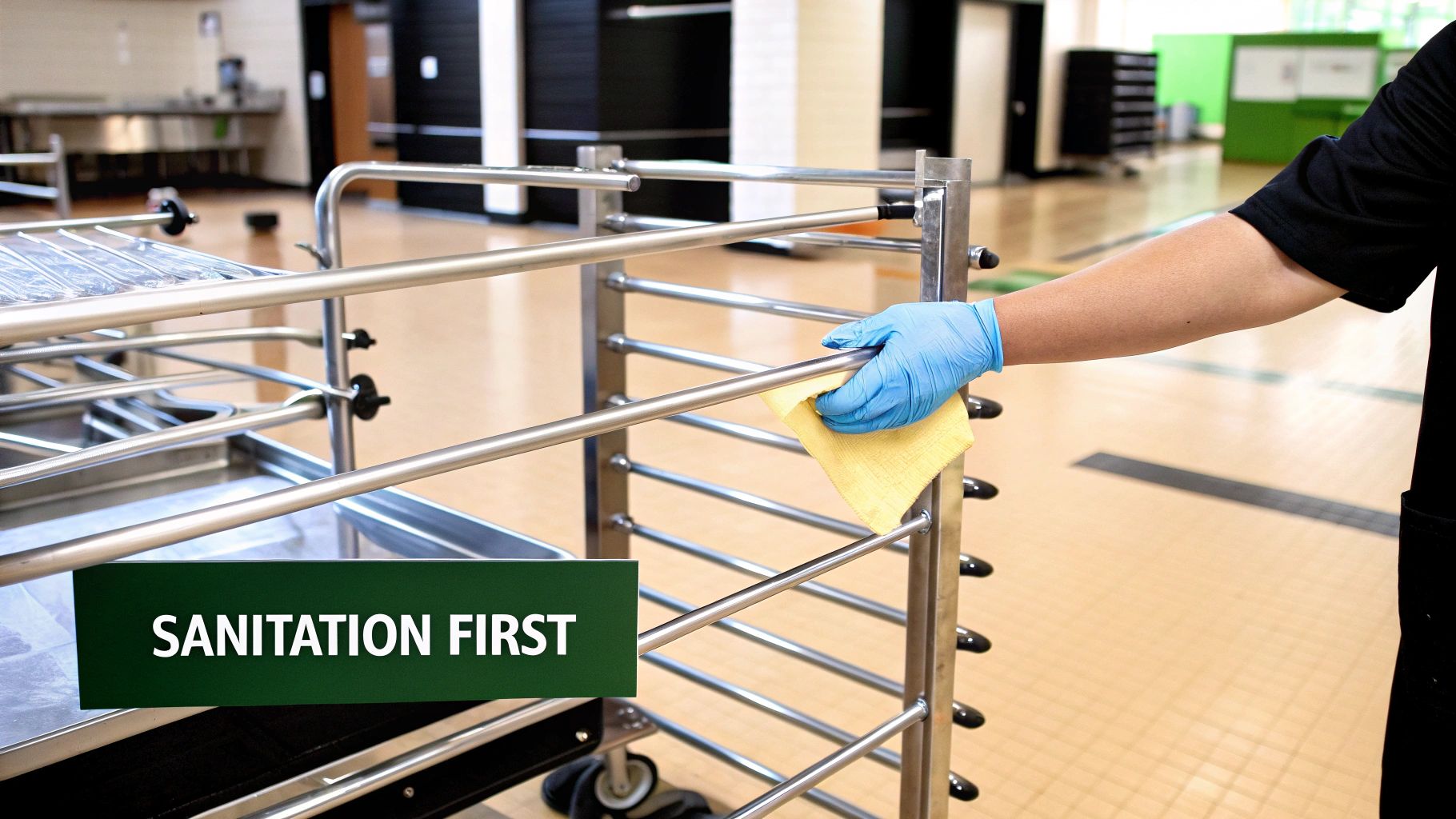 A gloved hand cleaning a stainless steel kitchen rack with a yellow cloth, with a 'Sanitation First' sign.
