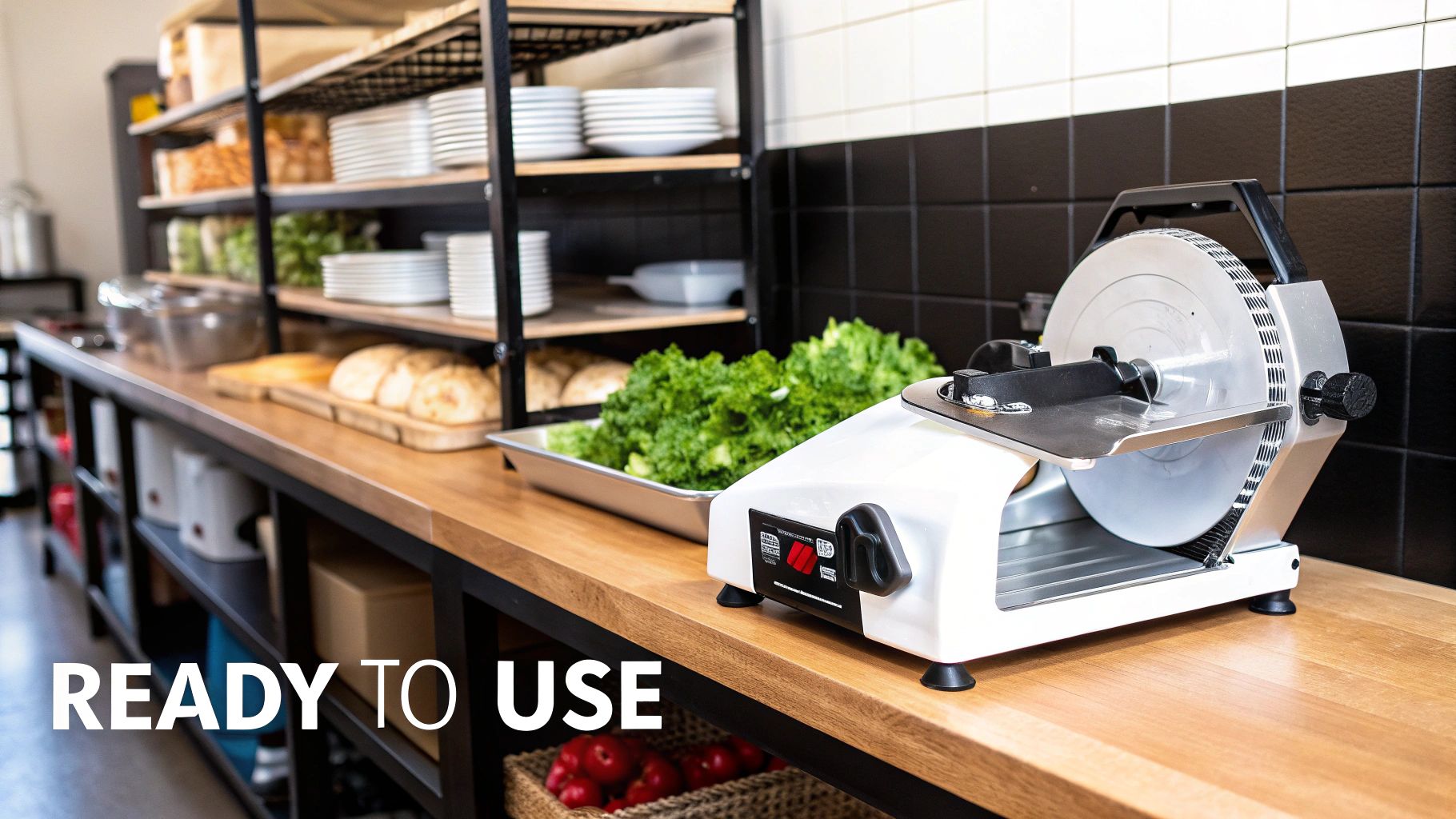 Commercial kitchen with a meat slicer, fresh lettuce, and stacked plates on wooden counters and shelves.