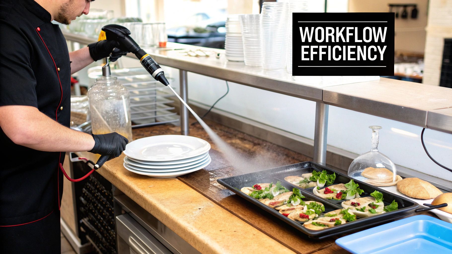 A well-organized restaurant dishwashing station with clean and dirty tables.