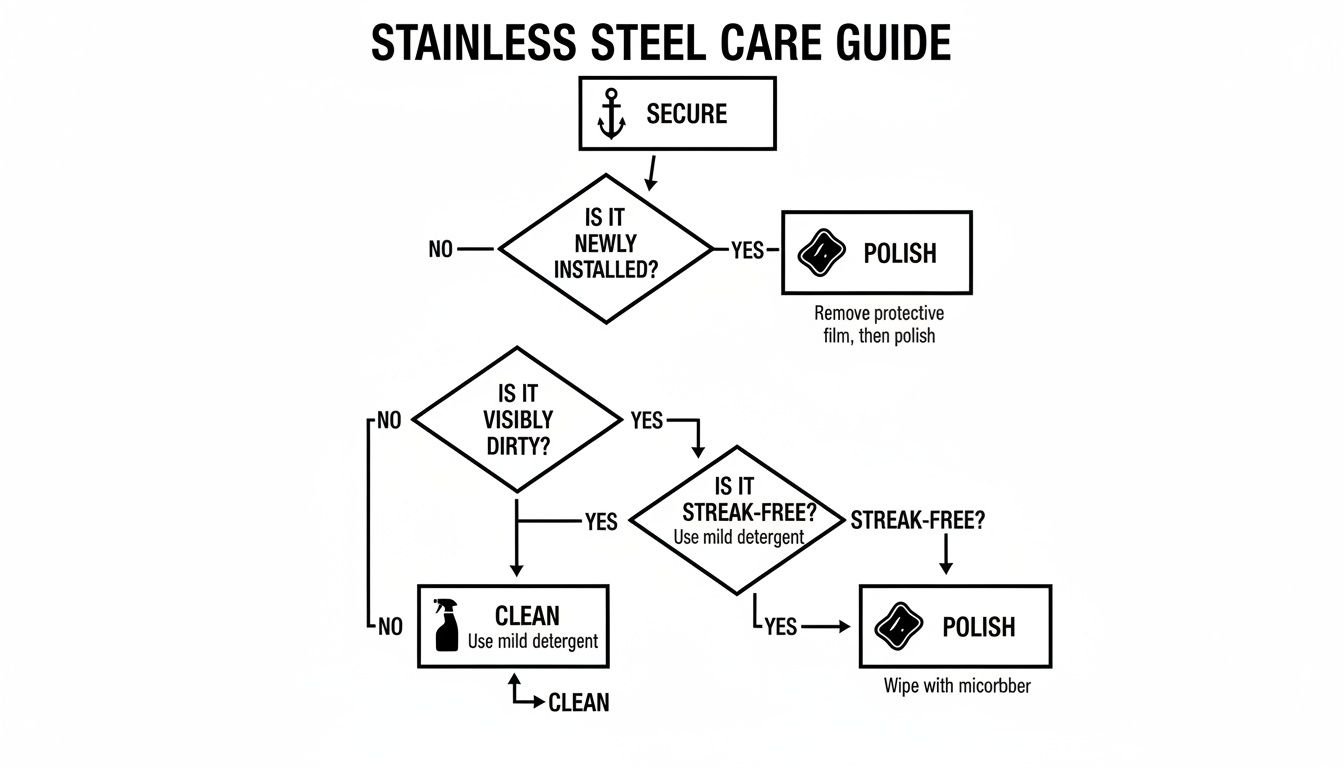 Flowchart outlining the stainless steel care guide with steps for cleaning and polishing.