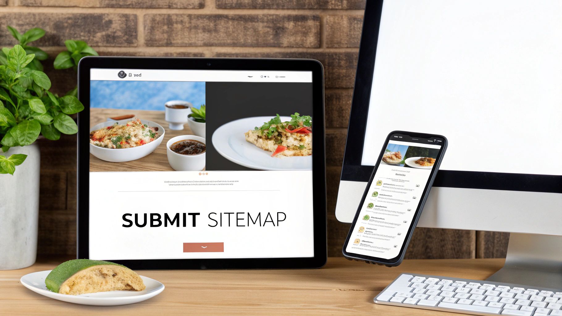 A tablet displaying a 'SUBMIT SITEMAP' page, a smartphone, and a monitor on a wooden desk.