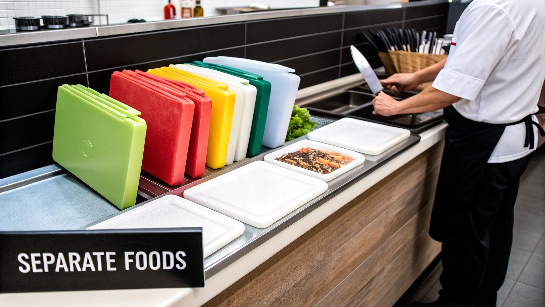 A commercial kitchen setup showing a chef, color-coded cutting boards, and a 'SEPARATE FOODS' sign.