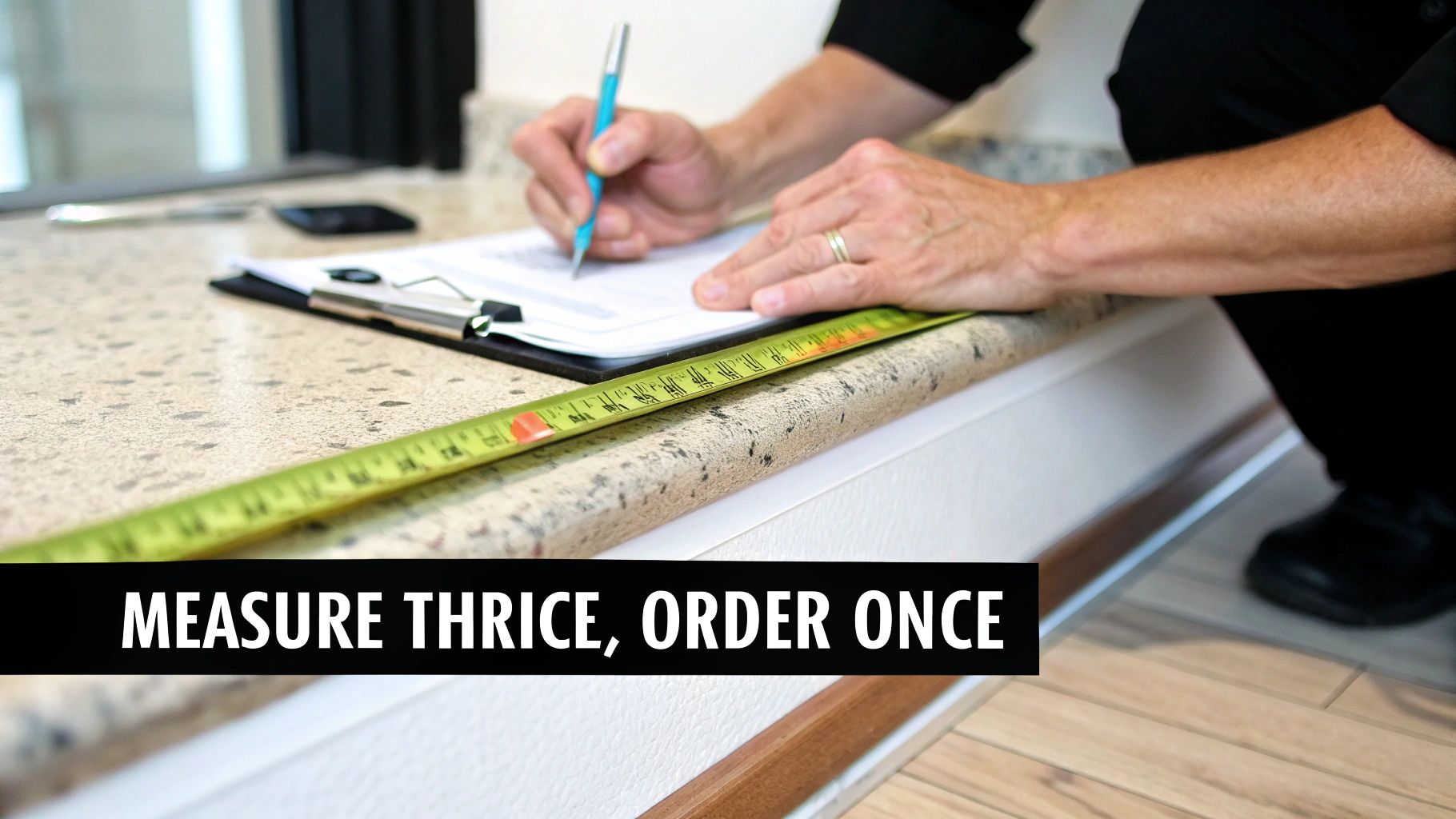 A person is using a tape measure and writing notes on a clipboard on a countertop.