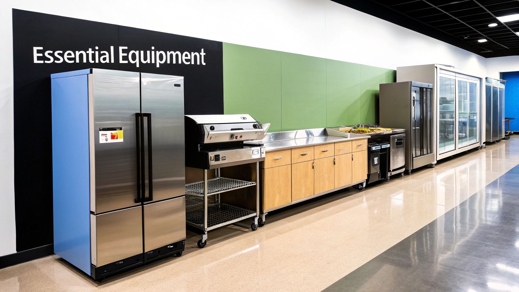 A line of commercial kitchen equipment, including refrigerators, a grill, and stainless steel prep counters.