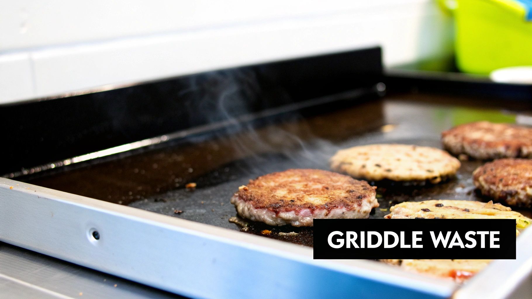Multiple burger patties sizzling and steaming on a hot commercial griddle in a restaurant kitchen.