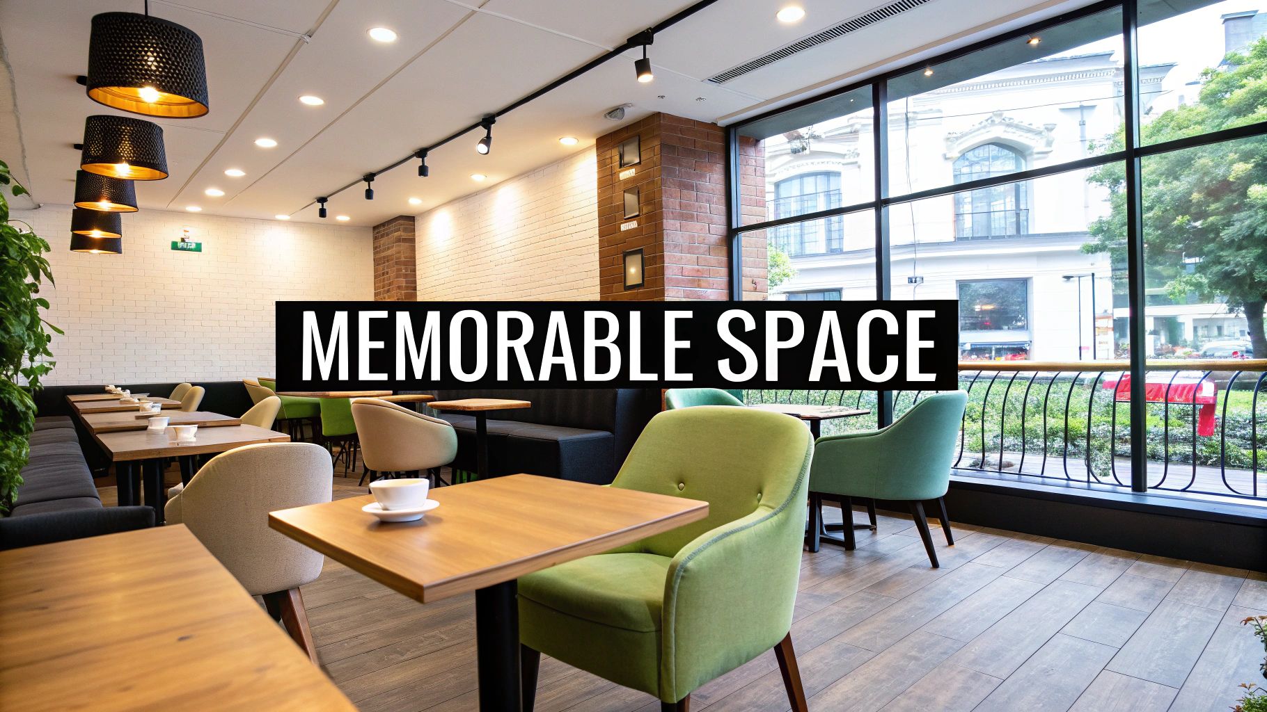 A cozy and well-lit coffee shop seating area with various types of furniture